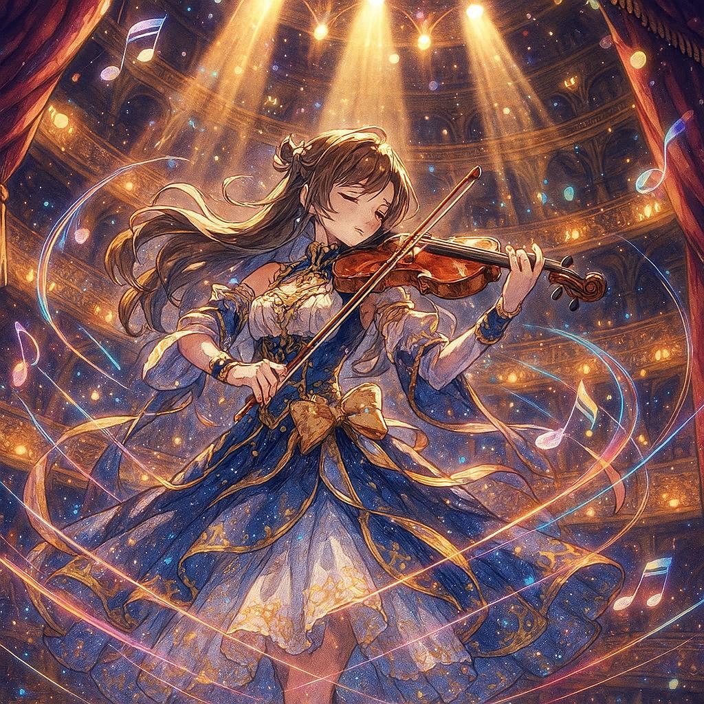 Ultra-detailed anime illustration of a majestic concert hall glowing under cascading golden spotlights, a graceful solo violinist in an ornate costume with shimmering ribbons, performing passionately on a polished stage framed by rich velvet curtains. Dynamic motion lines radiate energy, while iridescent music notes swirl like magical glyphs in the air, surrounded by sparkling particles, lens flares, and dreamy pastel gradients for an ethereal, vibrant atmosphere.