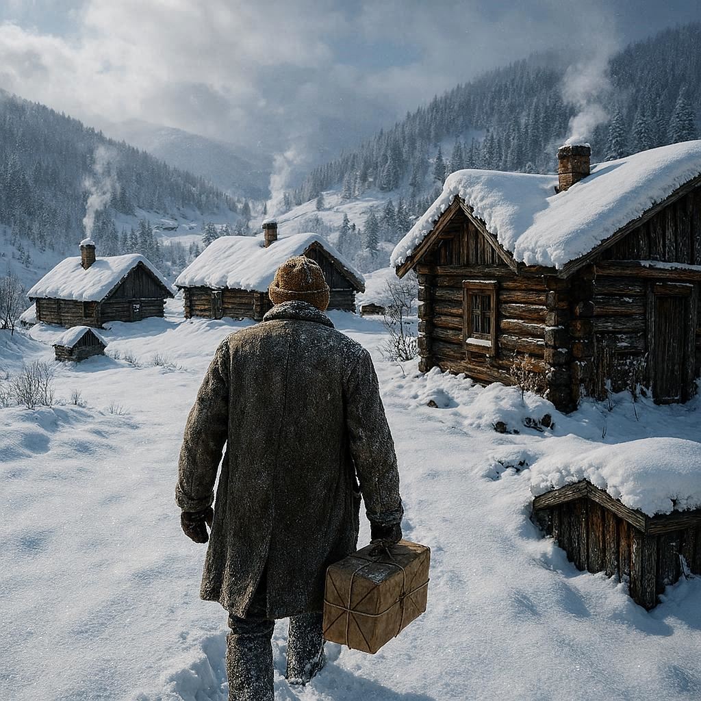 From a ridge, snow-laden rustic wooden cabins huddle in the valley, chimneys curling gentle smoke into the still crisp air. Under a brightened leaden sky, a lone figure in a weathered wool coat grips a twine-bound parcel, trudging through sparkling snow toward walls streaked with blackened timber and crusted ice, enhanced with clear daylight and vivid details, photorealistic.