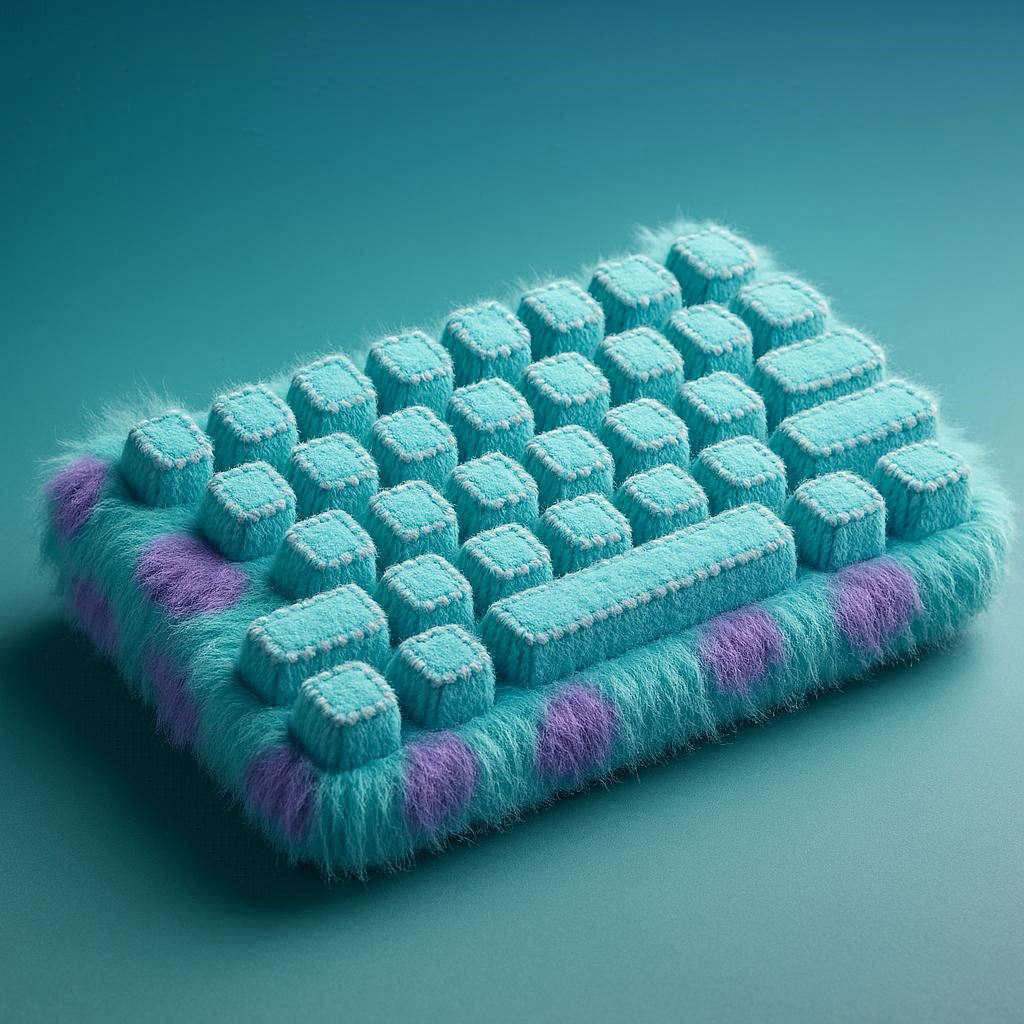 Ultra-realistic mechanical keyboard covered in plush fur inspired by Sulley from Monsters Inc: turquoise-blue base with lavender-purple spots, raised fluffy keycaps with stitching. Hyper-detailed photorealism, soft fibers, studio lighting, gradient teal-to-sky-blue background, cozy whimsical mood.